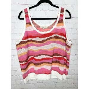 LOFT Wavy Stripe Scoop Neck Sweater Tank Top Pink Zinnia Knit Womens XL